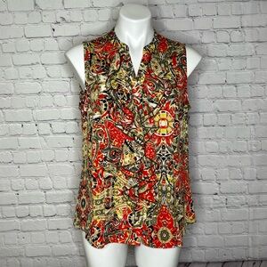 Cato Orange, Black, Olive Green & Tan Ruffle Paisley Sleeveless Blouse Size L